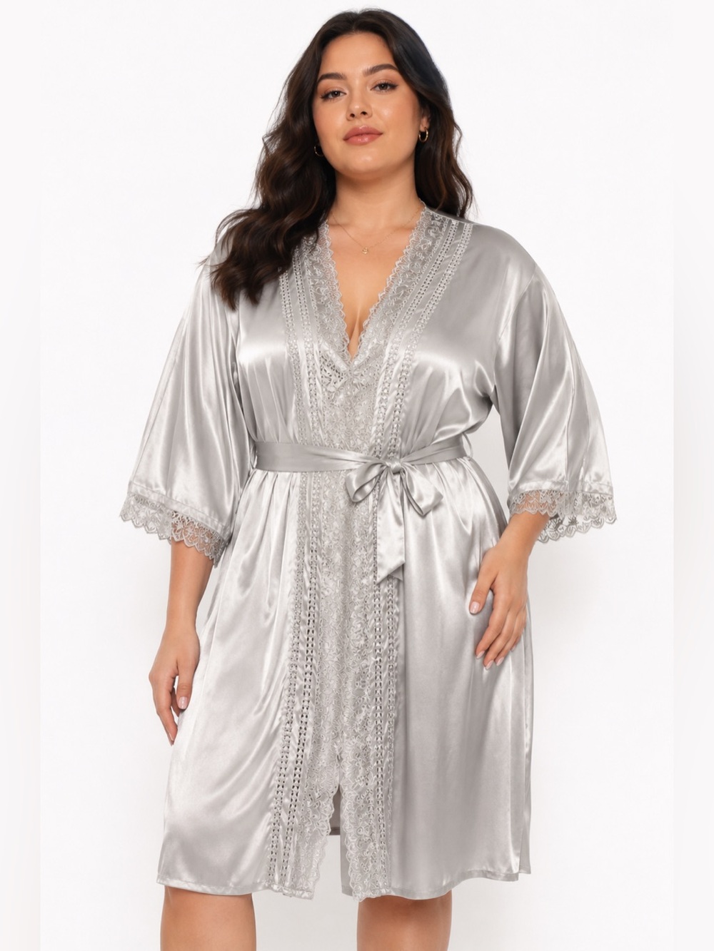 90s European Vintage Import Satin Embroidered Lace Trim Robe Duster (Ivory) XL